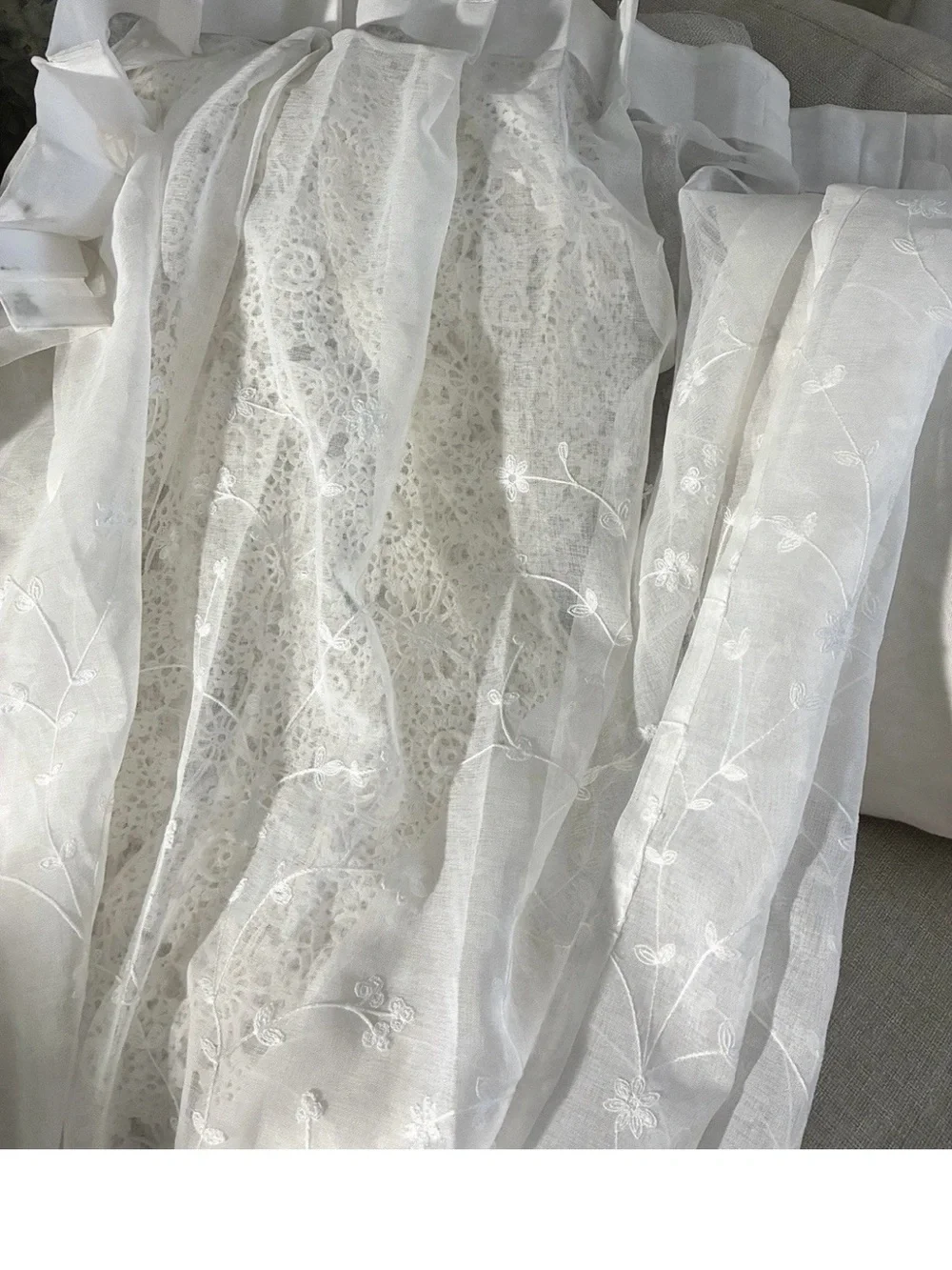 Vintage White Embroidered window curtain panel pleated large 40” x 102